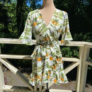 Lost + Wander White Mini Dress with Green Leaf and Orange Print